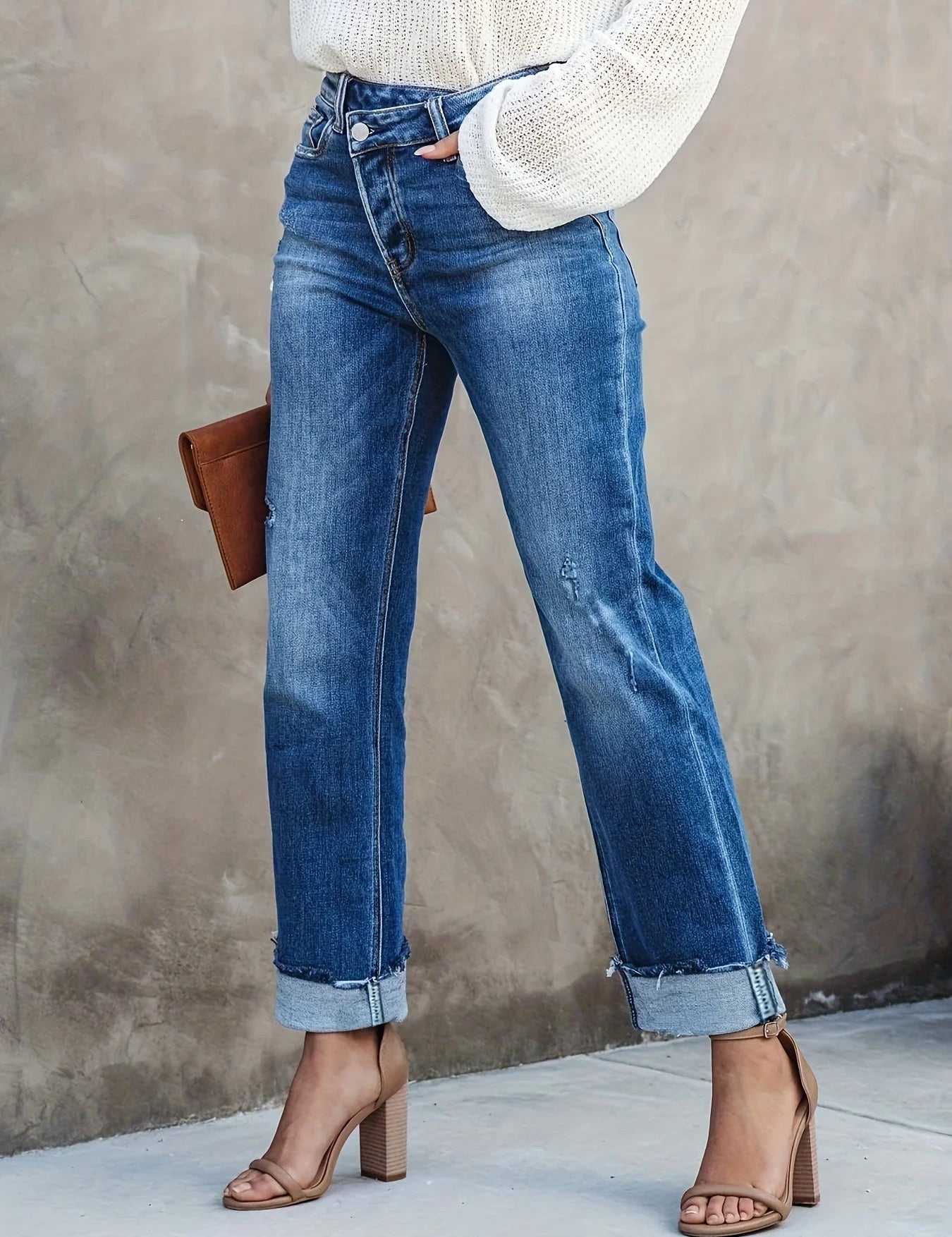 Variant image for Women's Asymmetrical Straight-Leg Jeans with Rolled Hem and Stretch Fit-1