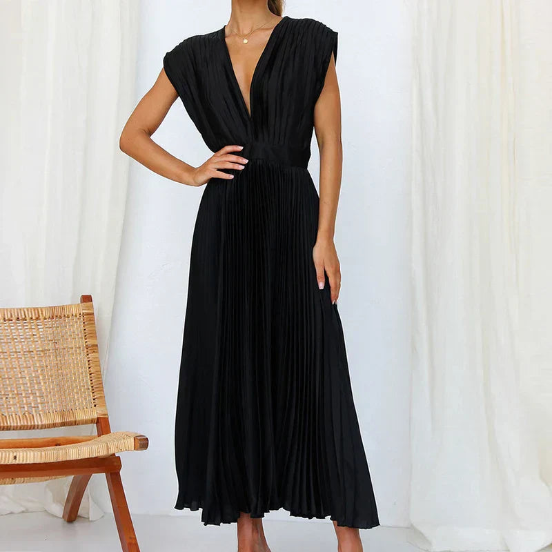 Daisy Pleated V-Neck Maxi Dress