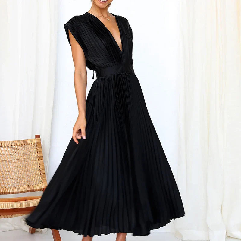 Daisy Pleated V-Neck Maxi Dress