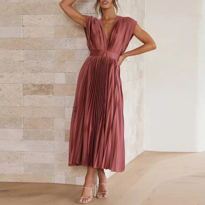 Daisy Pleated V-Neck Maxi Dress