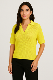 Women's Short Sleeve Polo Collar Sweater - Soft Pointelle Knit, Casual Fit