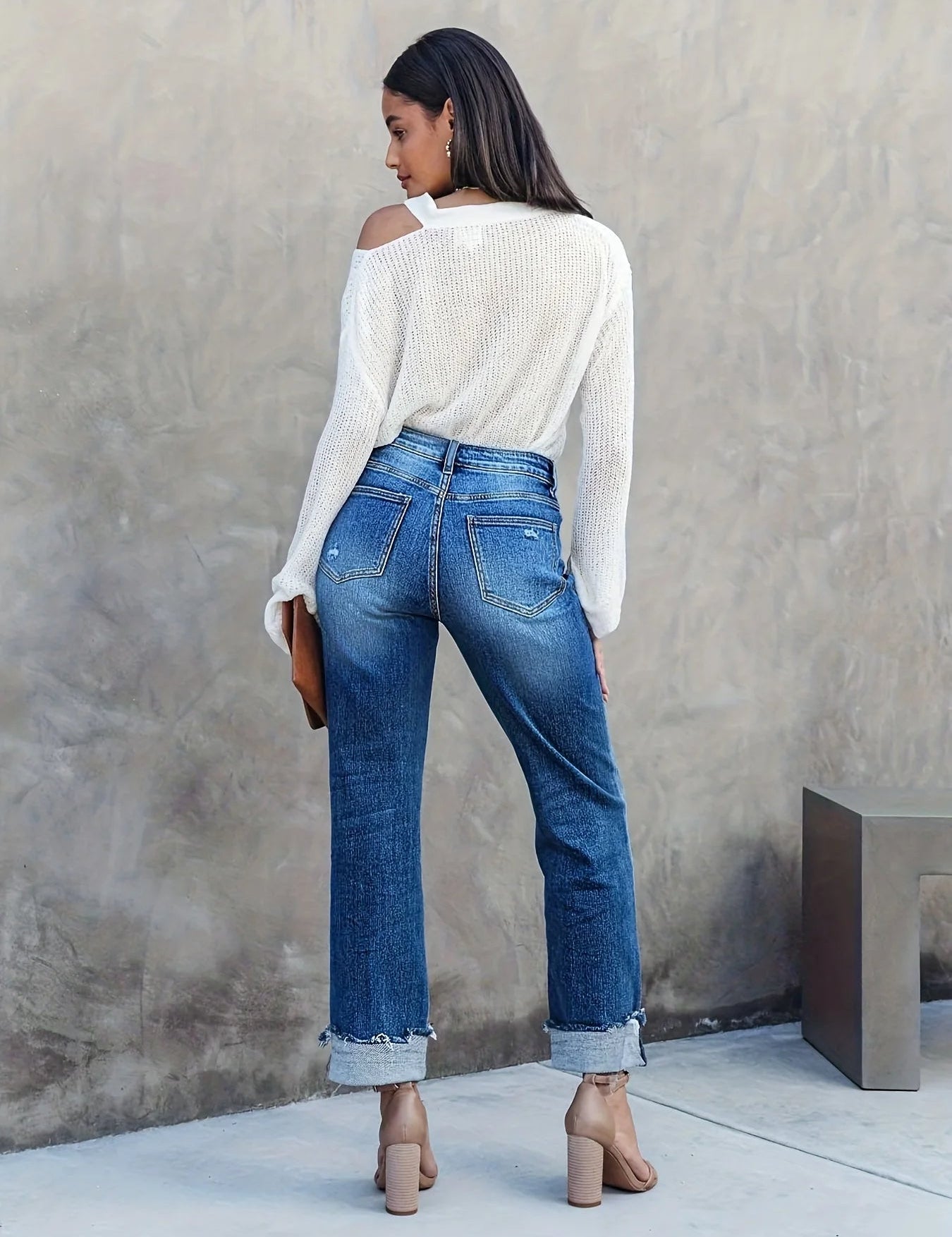 Women's Asymmetrical Straight-Leg Jeans with Rolled Hem and Stretch Fit-3