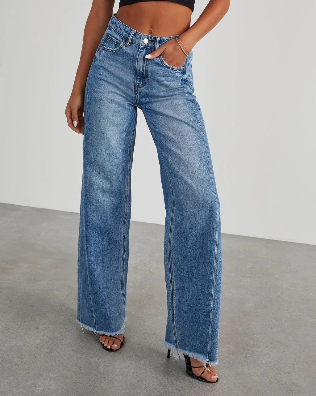 Variant image for Women's Wide Leg Baggy Jeans with Frayed Detail for Casual Style-1