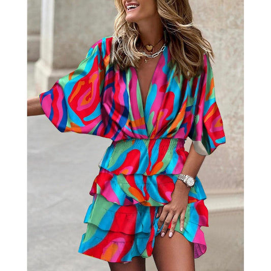 Anna V-Neck Tiered Ruched Mini Summer Dress