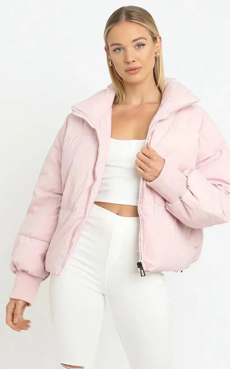 Blush Pink Puffer Jacket for Women with Quilted Design and High Neckline – Cozy and Stylish Winter Outerwear 5