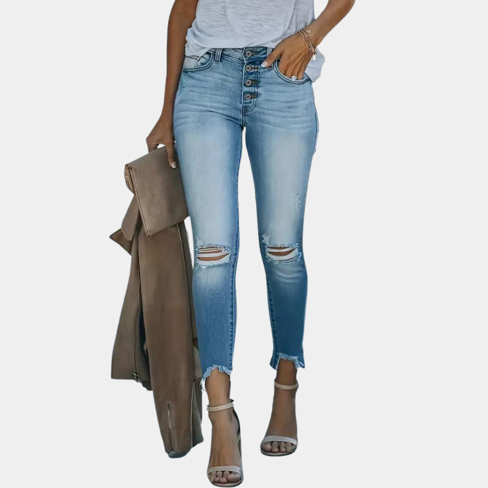 Variant image for Women's Torn Jeans with Buttons - Light Blue Casual Fit-1