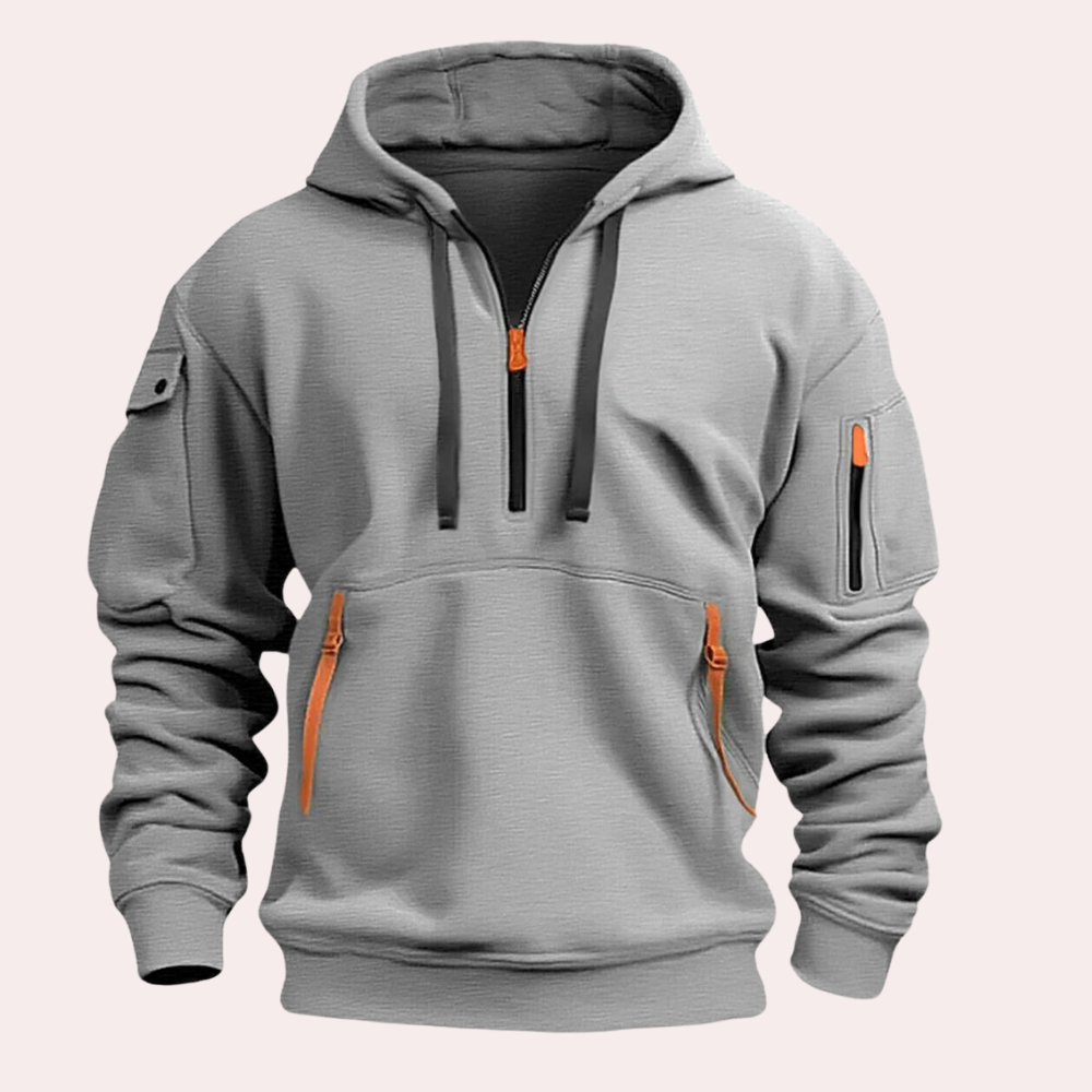 Men's Hoodie with Zipper Details, Soft Breathable Sweatshirt in Gray, Black, Khaki, Navy 1
