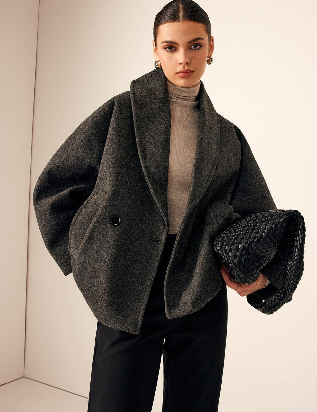 Charcoal Wool Blend Winter Coat for Women with Oversized Shawl Collar – Relaxed Cocoon Silhouette 0
