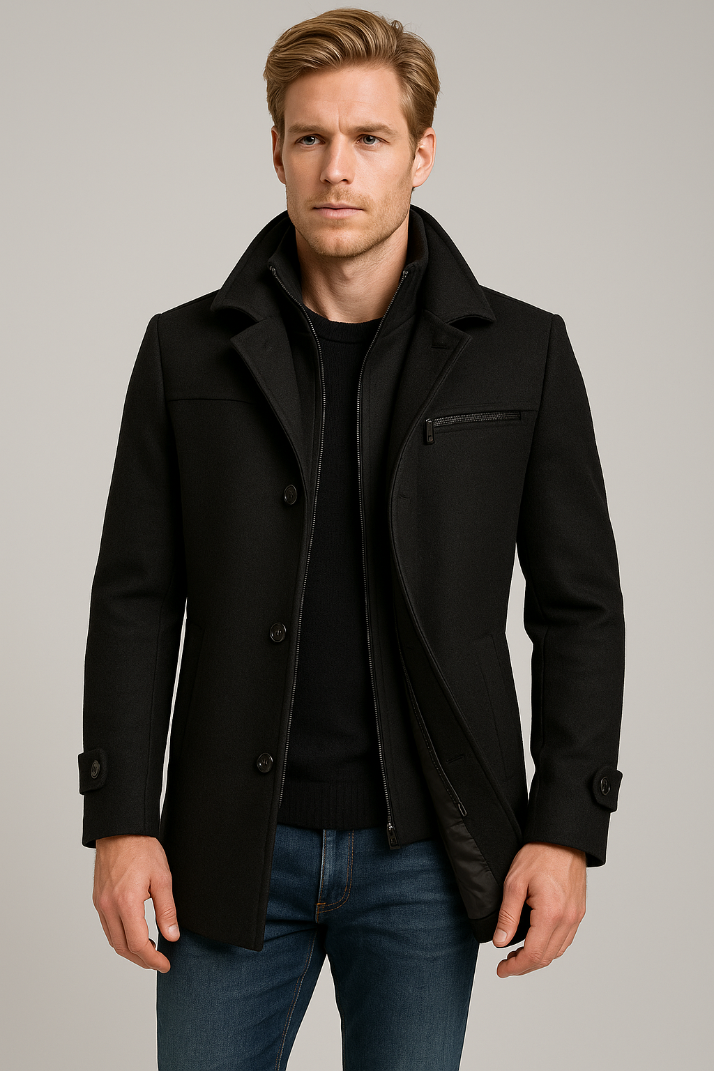 Men's Trench Coat - Stylish Color-Block Design, Long Sleeve, Slim Fit Winter Coat