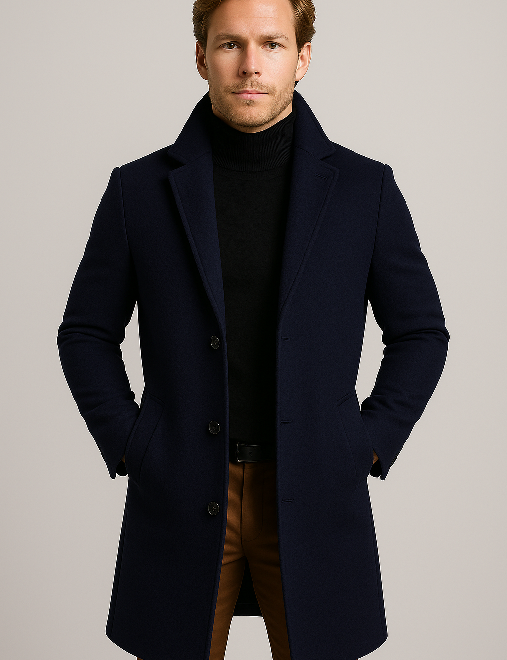 Men's Trench Coat - Double-Breasted Belted Polyester Outerwear