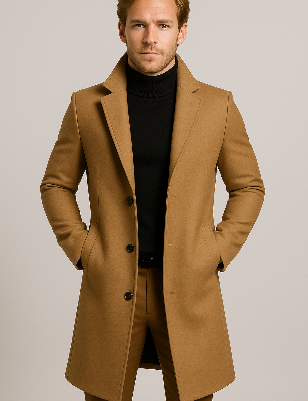 Men's Trench Coat - Double-Breasted Belted Polyester Outerwear