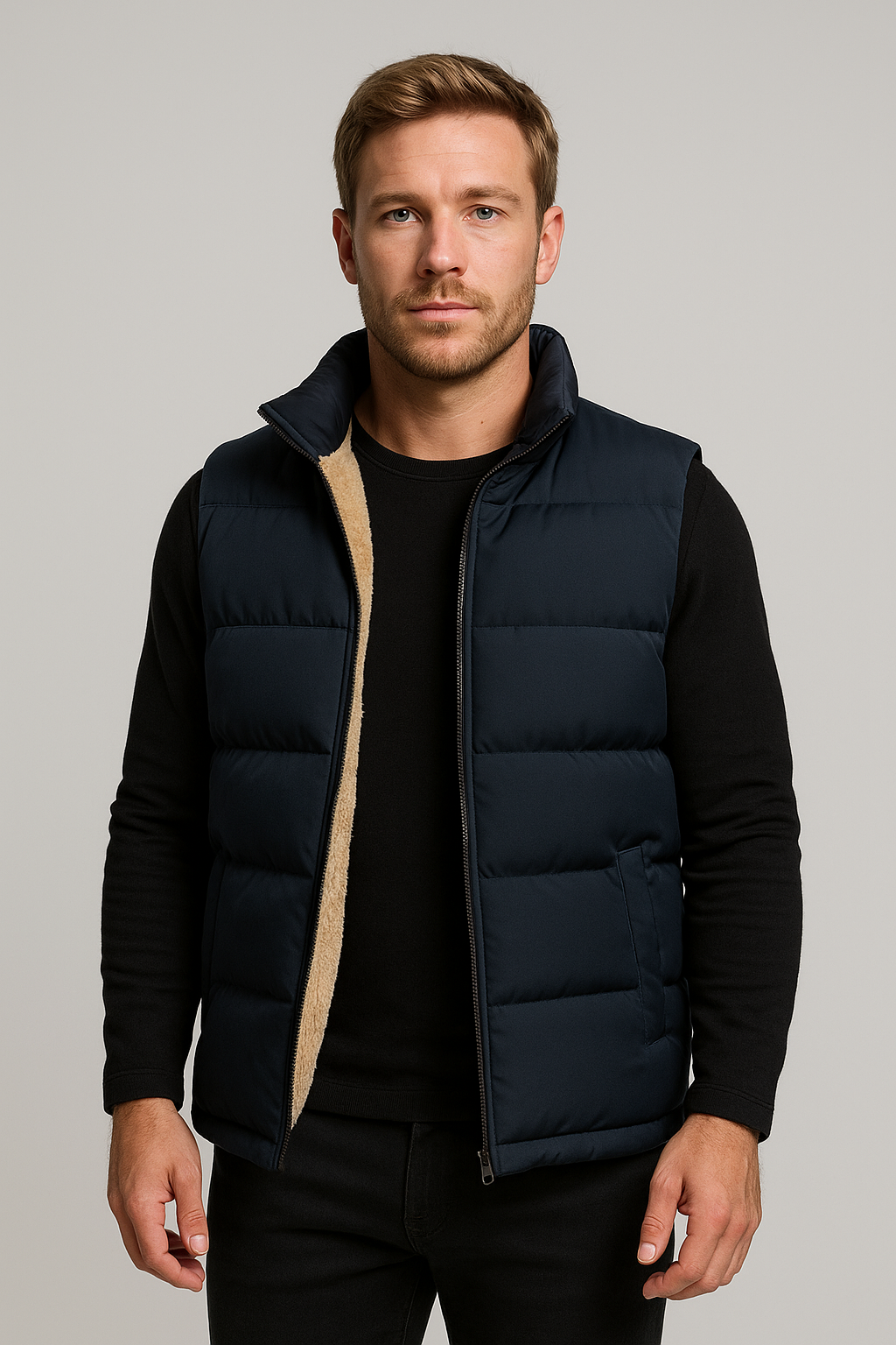 Men's Wool Body Warmer with Full-Zip Closure