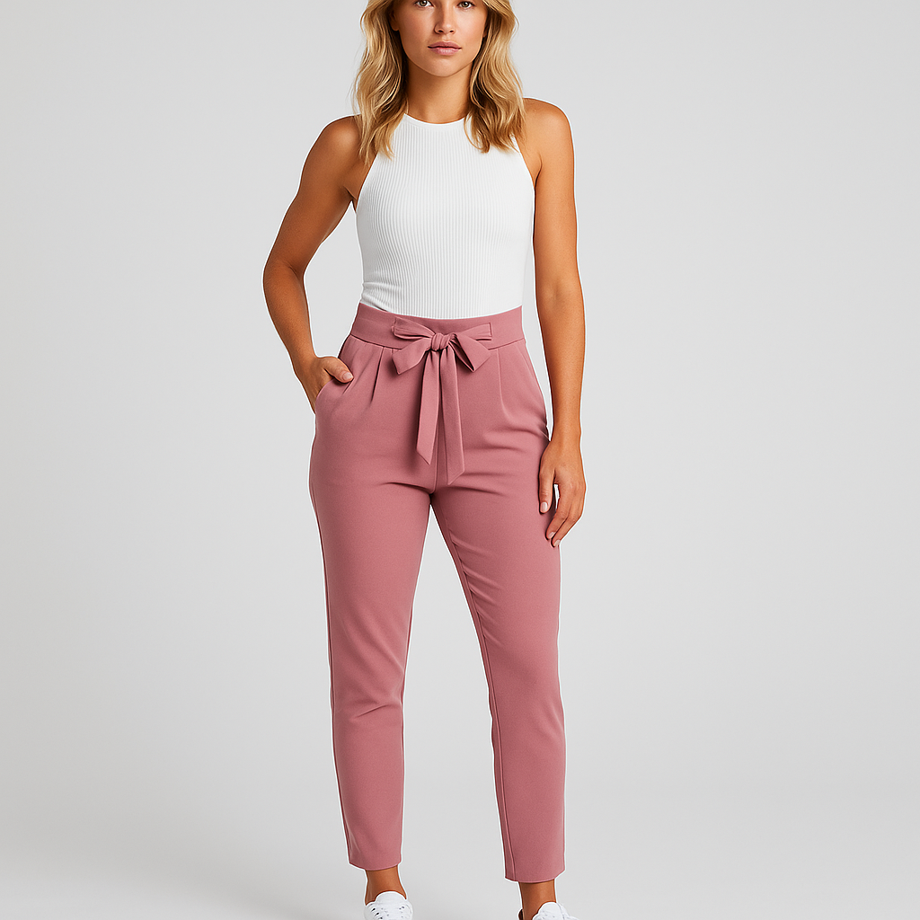 Women's High Waist Casual Pants - Relaxed Fit, Elastic Waistband, Eco-Friendly
