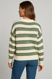 Casual Army Green Striped Pullover Sweater for Women