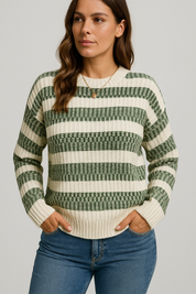 Casual Army Green Striped Pullover Sweater for Women