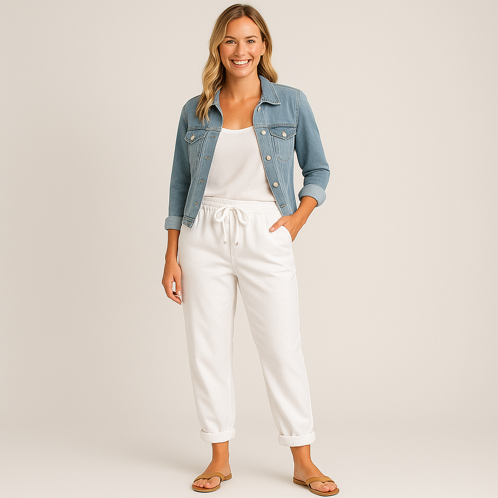 Women's White Linen Wide Leg Pants with Drawstring for Summer Casual Style