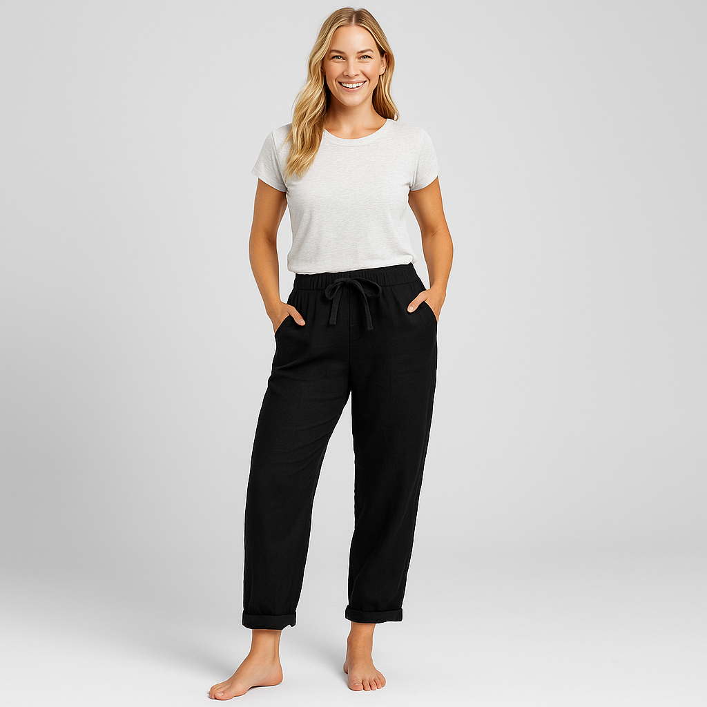 Women's White Linen Wide Leg Pants with Drawstring for Summer Casual Style