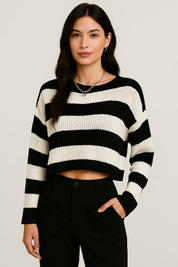 Women's Oversized Cropped Sweater with Stripes - Cozy Knit O-Neck Top