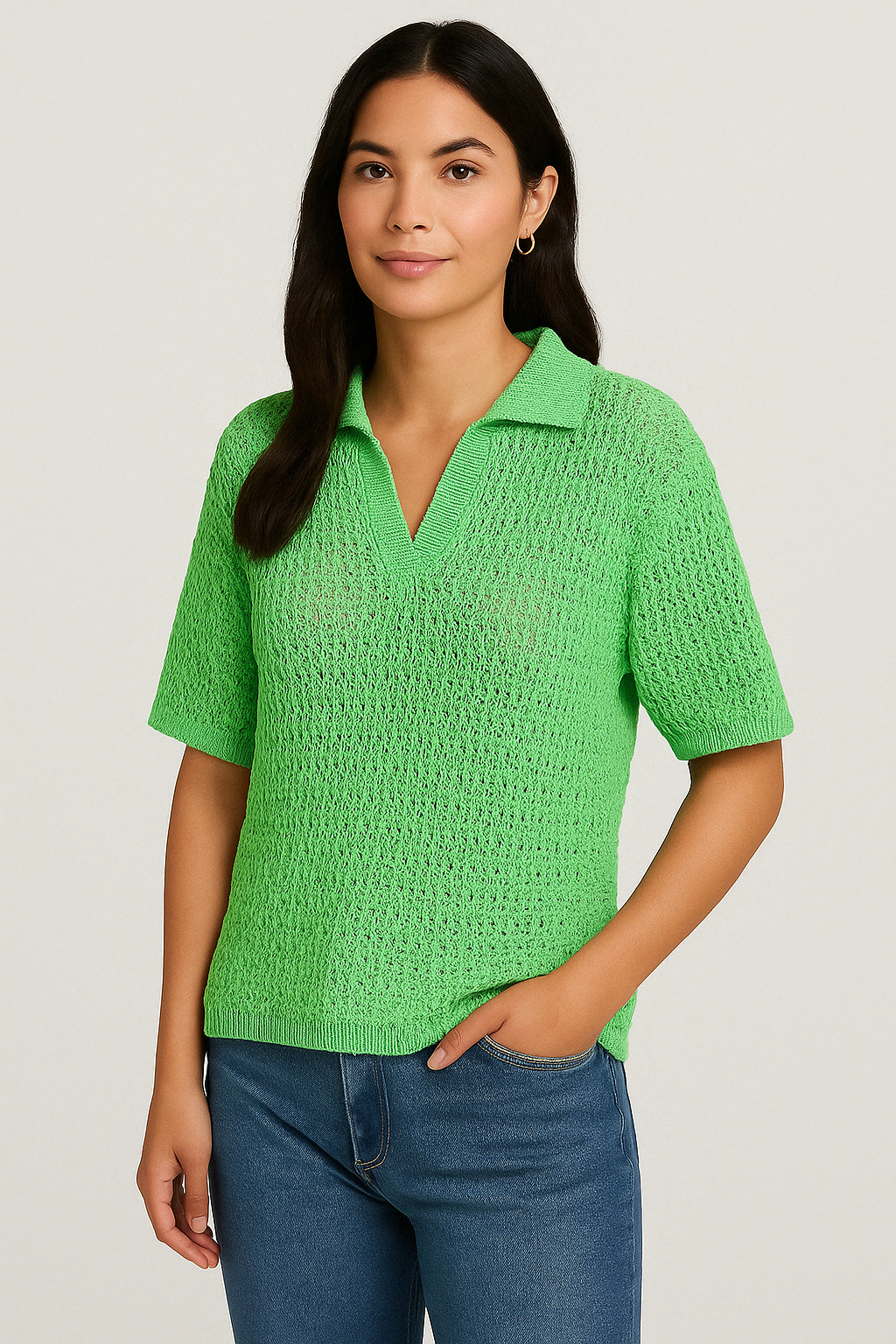 Women's Short Sleeve Polo Collar Sweater - Soft Pointelle Knit, Casual Fit