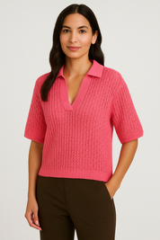 Women's Short Sleeve Polo Collar Sweater - Soft Pointelle Knit, Casual Fit