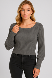 Women's Oversized Sweater with Puff Sleeves - Casual Knit Top for Autumn/Winter