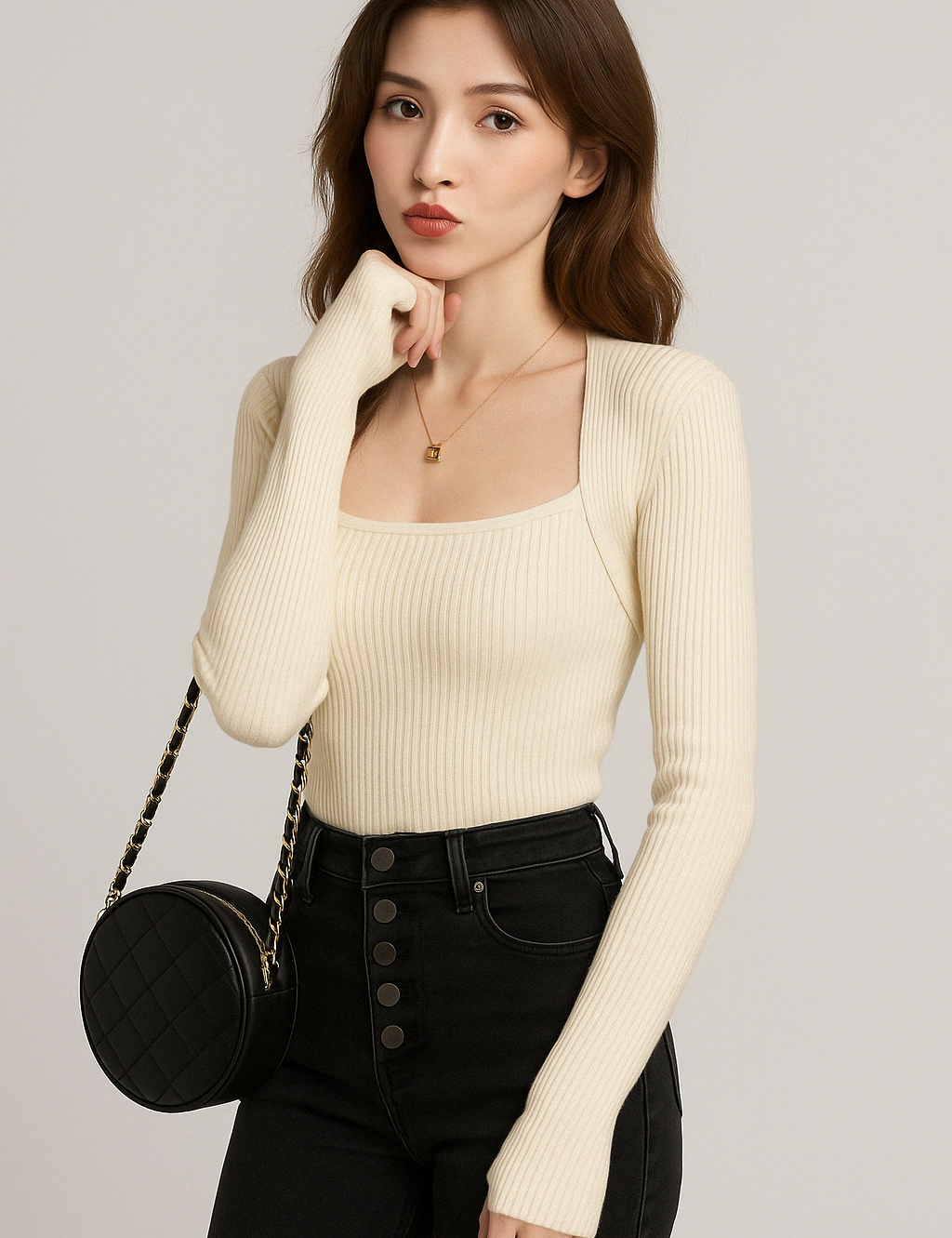 Women's Long Sleeve Sweater Pullover with Square Collar