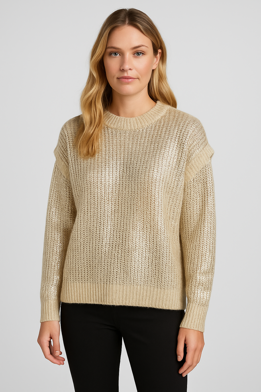 Women's Metallic Knitted Sweater - Long Sleeve Pullover with Gold Foil Finish