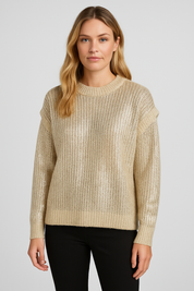 Women's Metallic Knitted Sweater - Long Sleeve Pullover with Gold Foil Finish