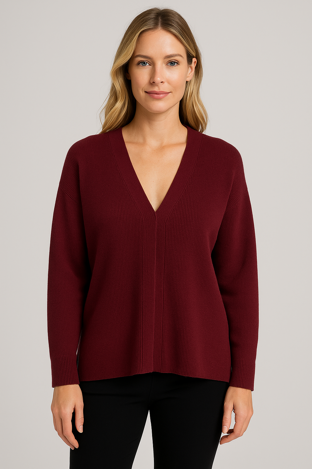 Women's Fitted Knit Cardigan Sweater with V-Neck and Side Split Hem