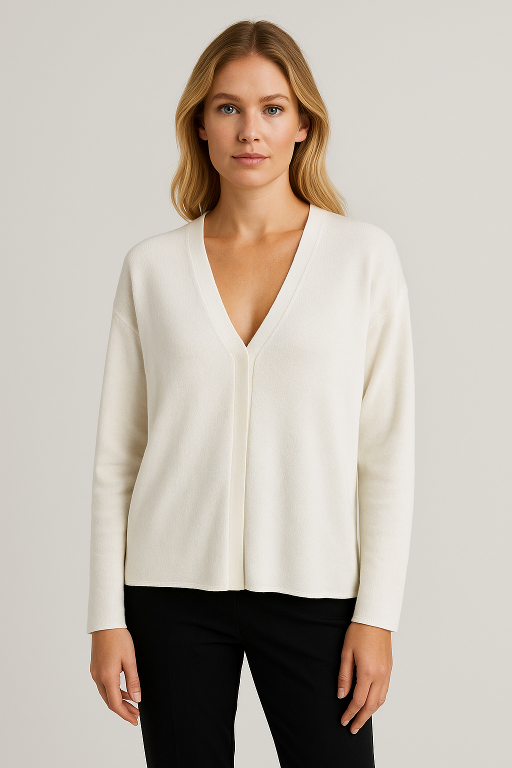 Women's Fitted Knit Cardigan Sweater with V-Neck and Side Split Hem