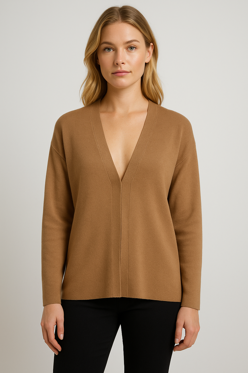 Women's Fitted Knit Cardigan Sweater with V-Neck and Side Split Hem