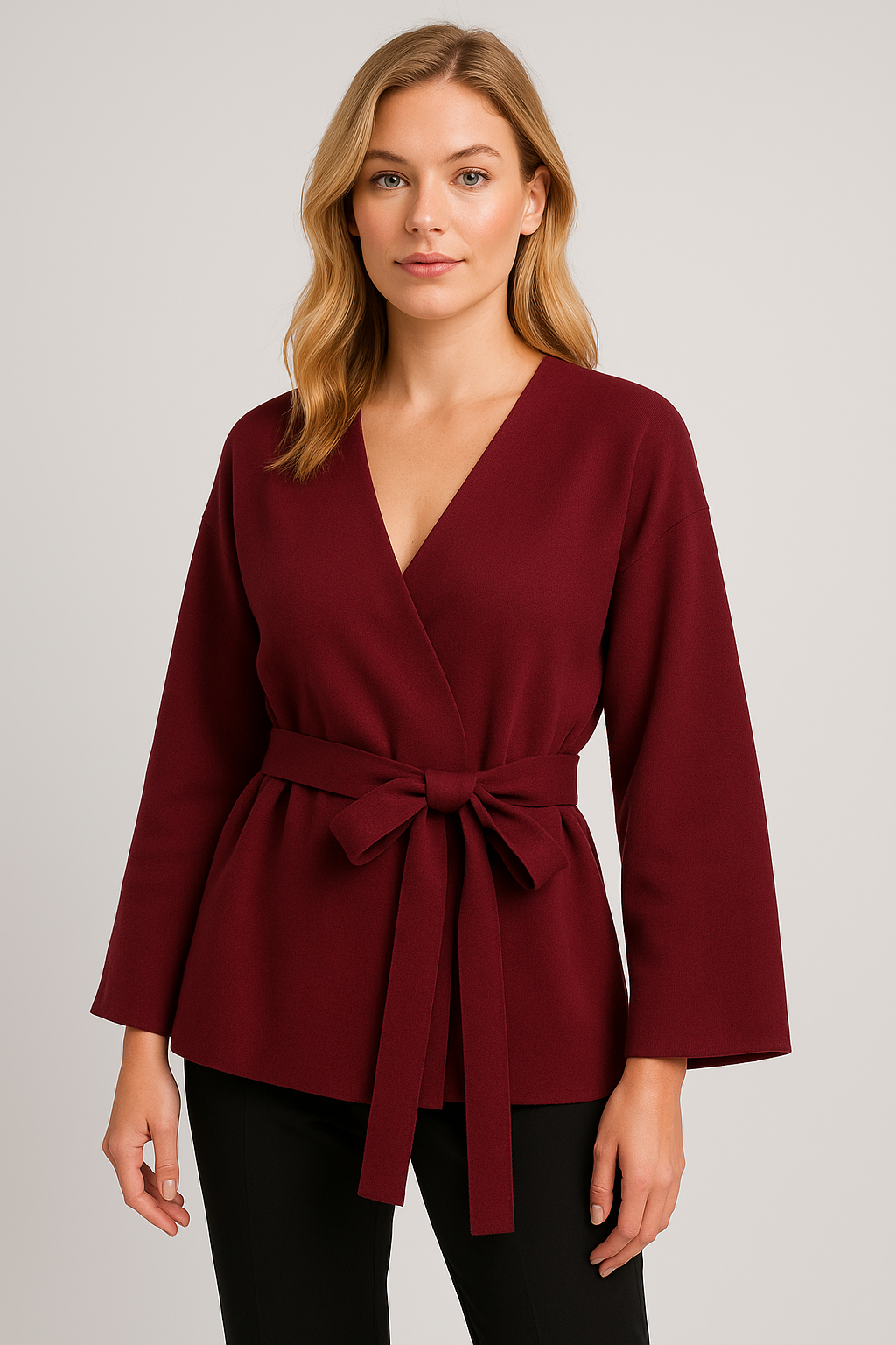 Women's Slim Fit Cardigan Sweater with V Neck and Sashes for Autumn