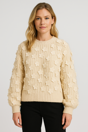 Women's Long Sleeve Knitted Sweater with Mesh Flower Decoration