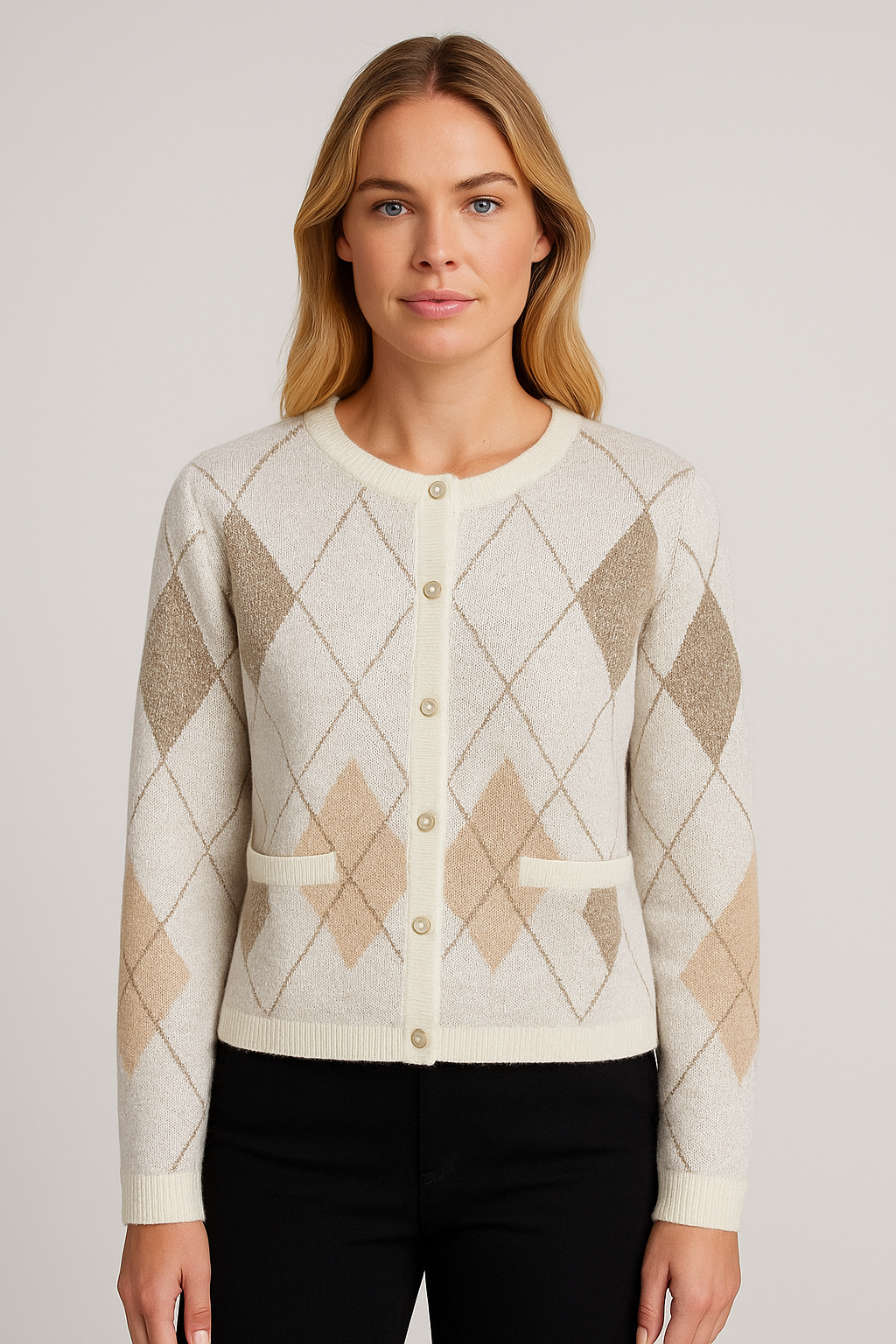 Women's Long Knitted Cardigan Sweater with Pearl Embellishments