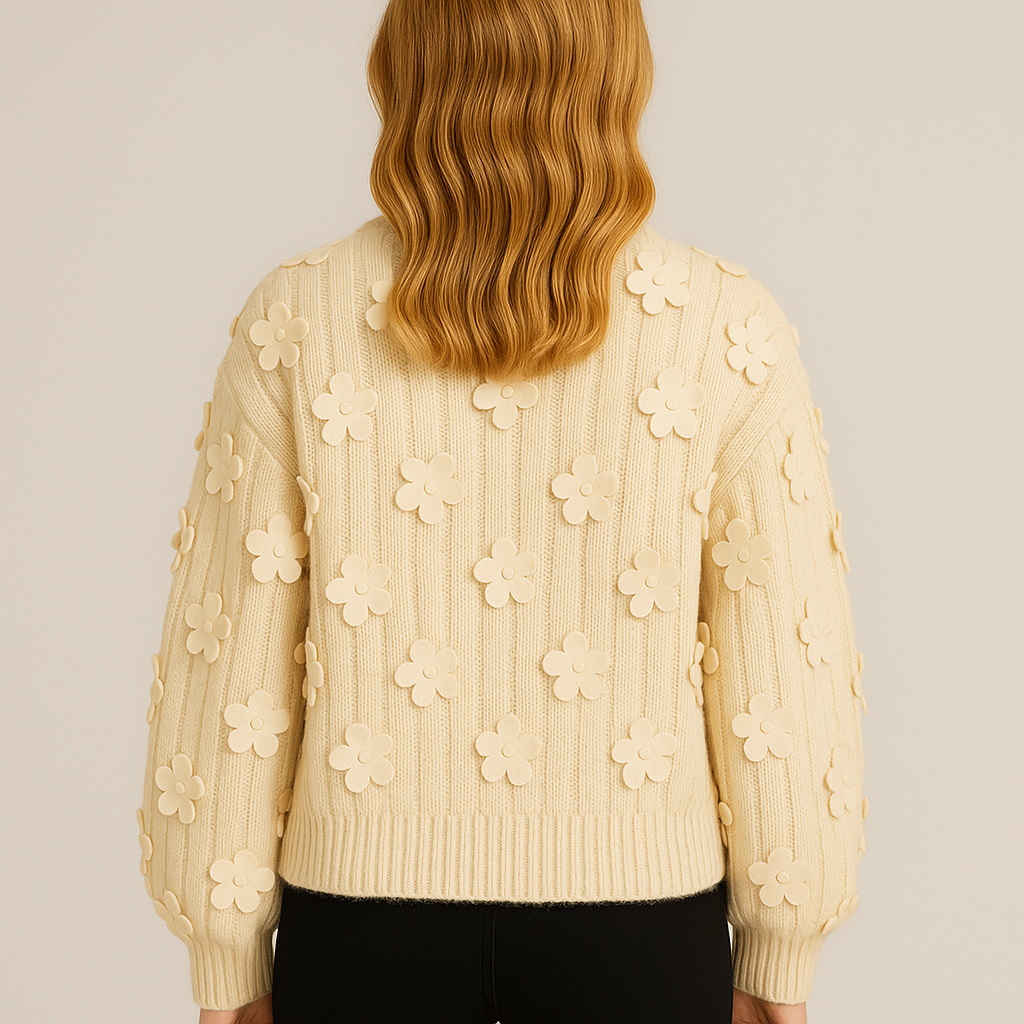 Women's Long Sleeve Knitted Sweater with Mesh Flower Decoration