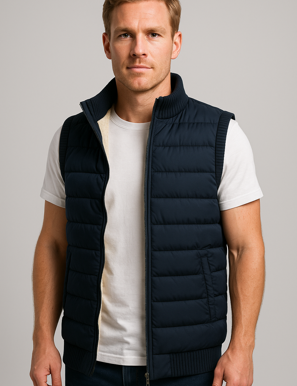 Men's Puffer Vest, Quilted Down Sleeveless Vest with Sherpa Lining and Pockets