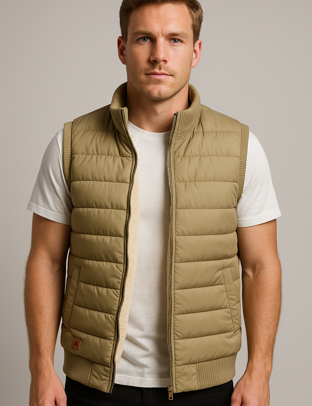 Men's Puffer Vest, Quilted Down Sleeveless Vest with Sherpa Lining and Pockets