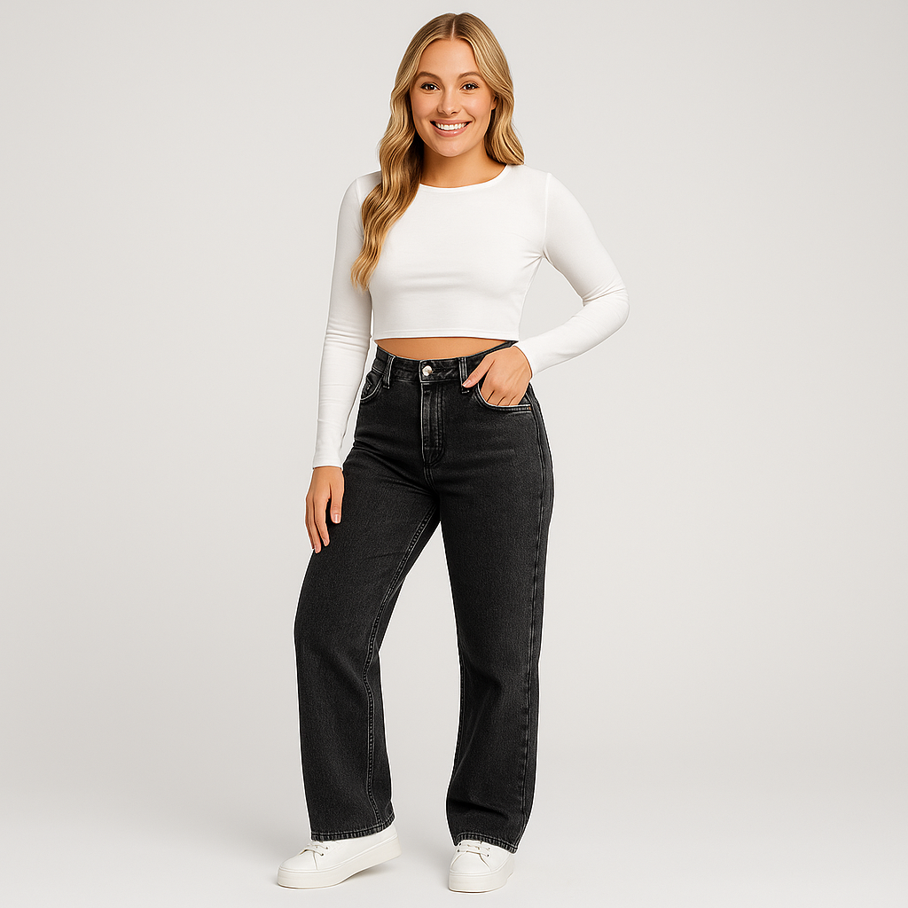 Women's Straight-Leg Jeans with Light Stretch and High Waist Design