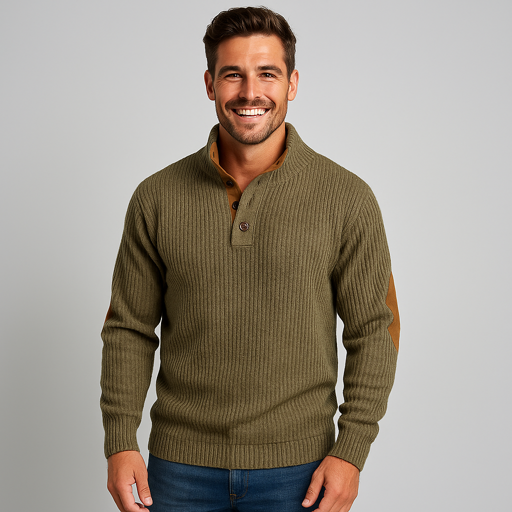 Men's Corduroy Sweater with Raised Collar in Green and Beige