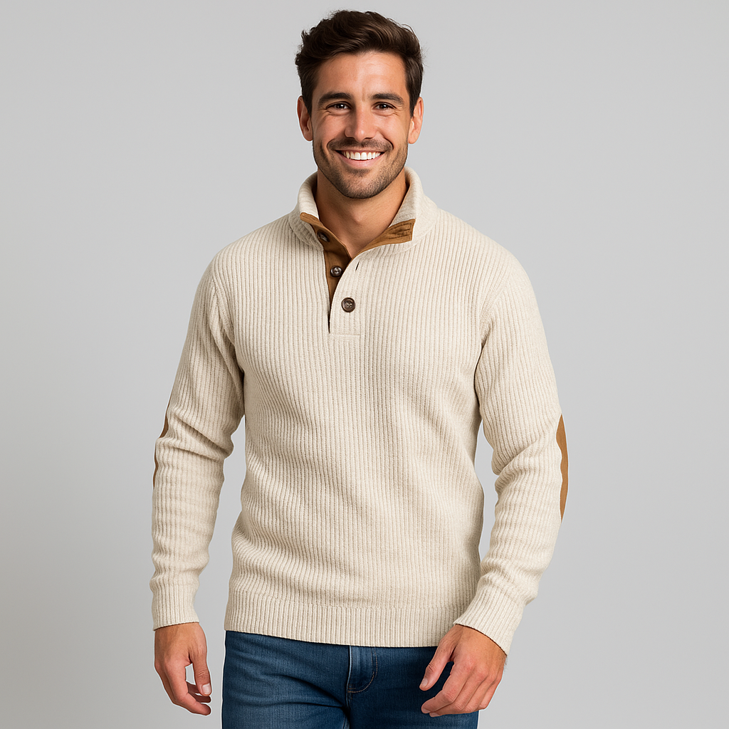 Men's Corduroy Sweater with Raised Collar in Green and Beige
