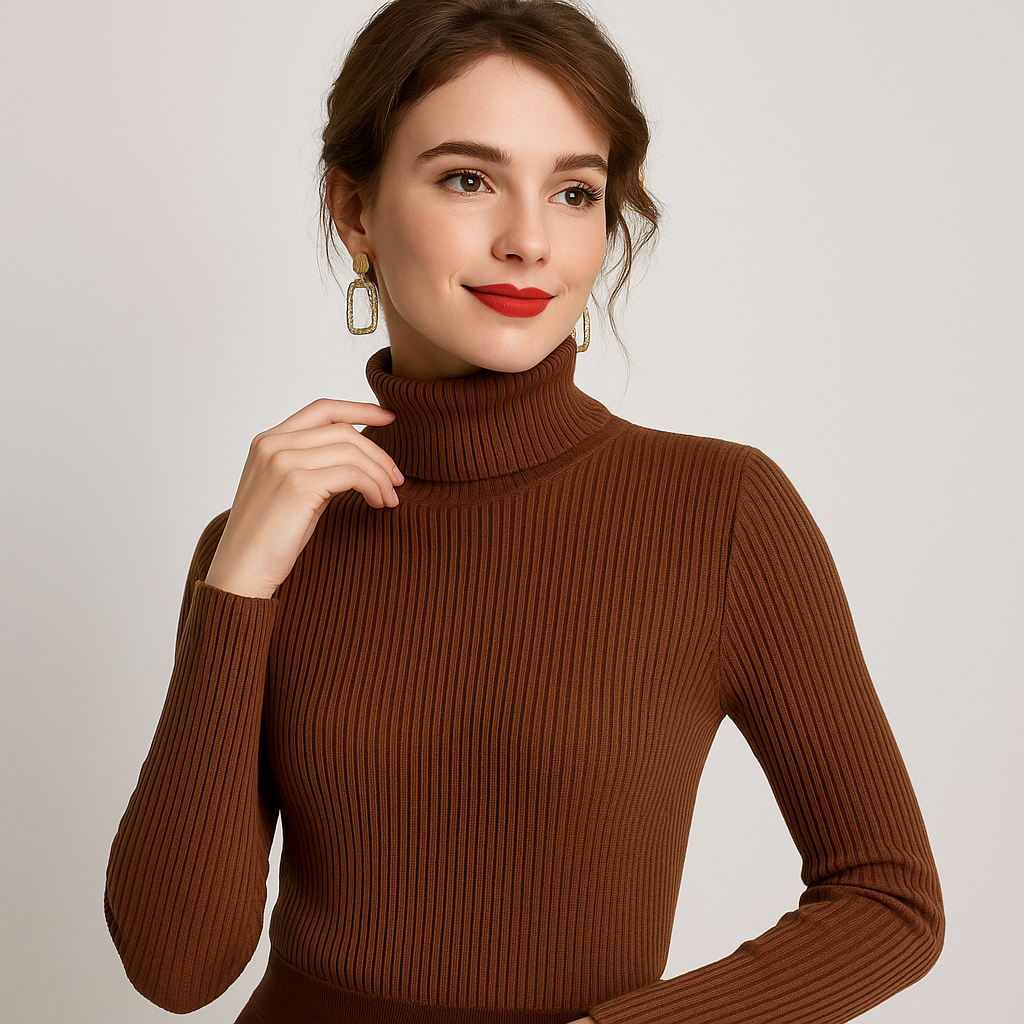 Women's Knitted Turtleneck Sweater - Cozy Striped Design for Autumn & Winter