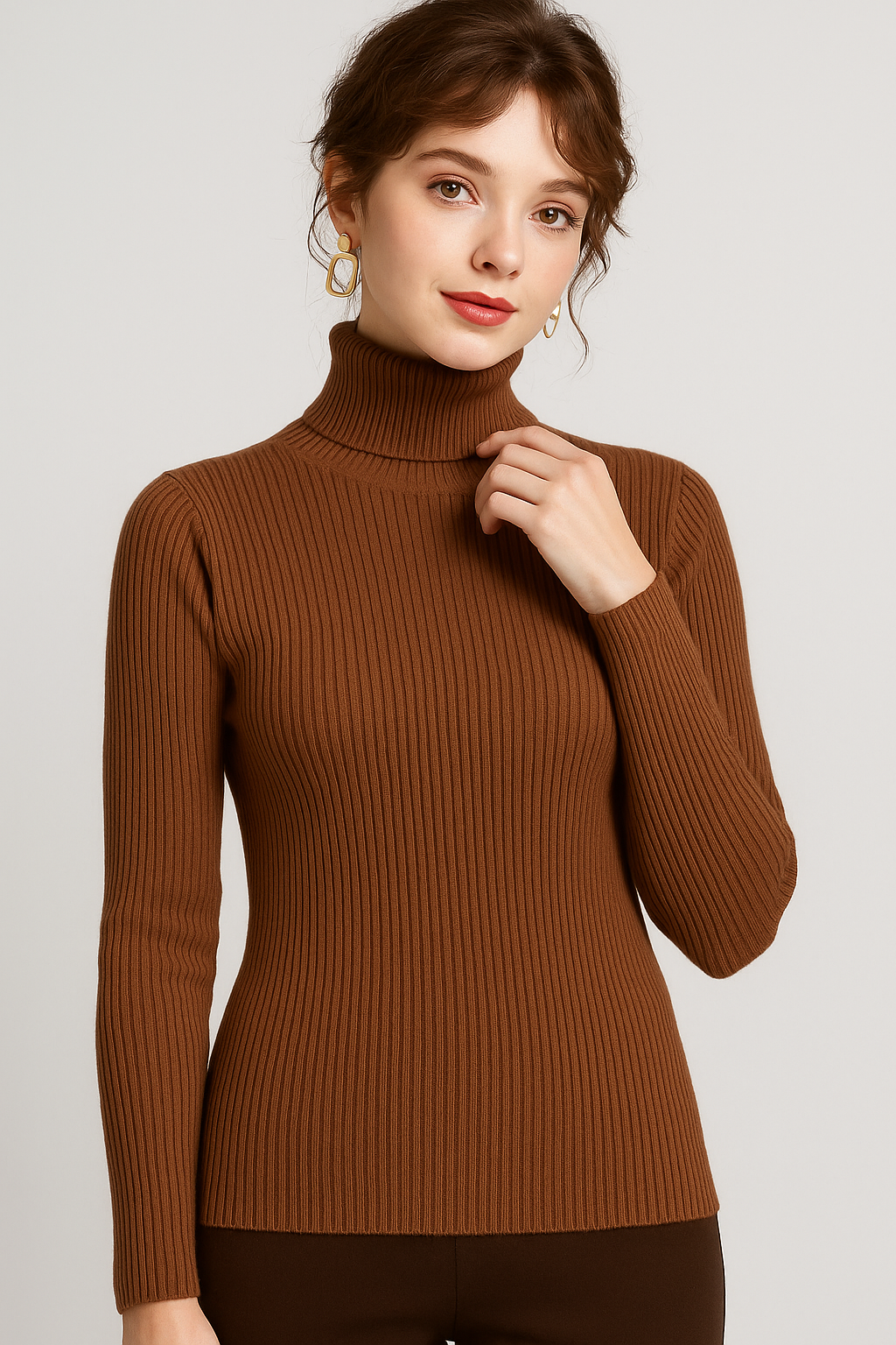 Women's Knitted Turtleneck Sweater - Cozy Striped Design for Autumn & Winter