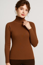Women's Knitted Turtleneck Sweater - Cozy Striped Design for Autumn & Winter