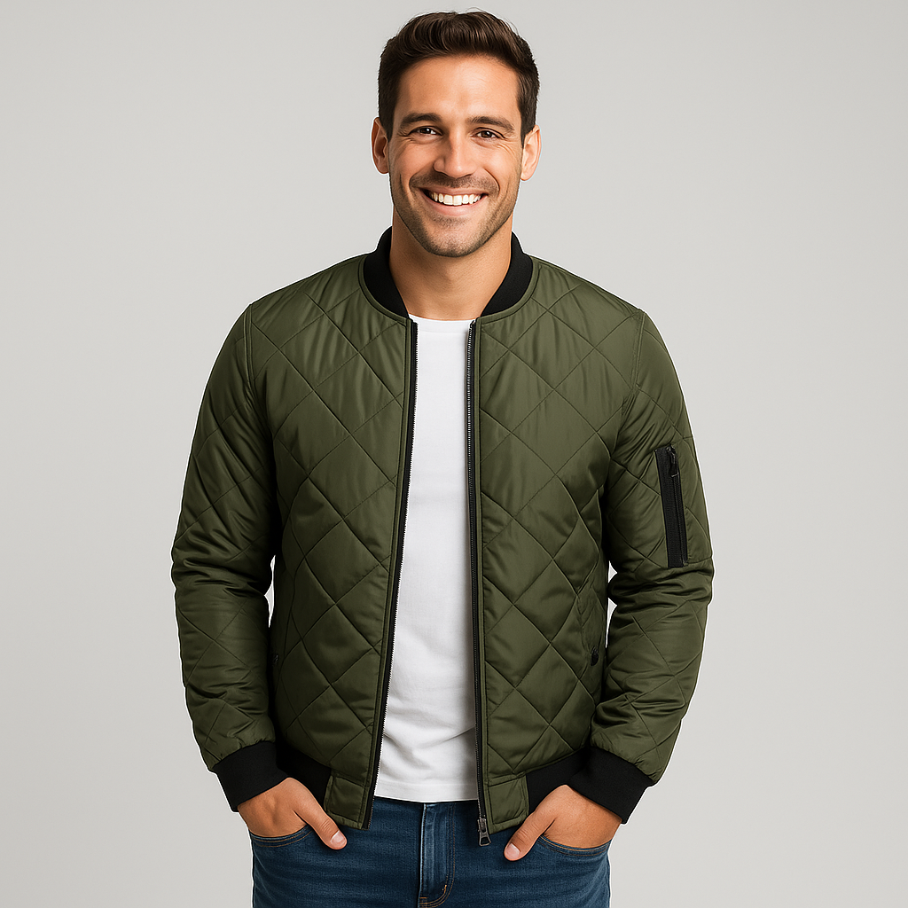 Men's Winter Jacket - Stylish Quilted Bomber Coat with Thick Collar