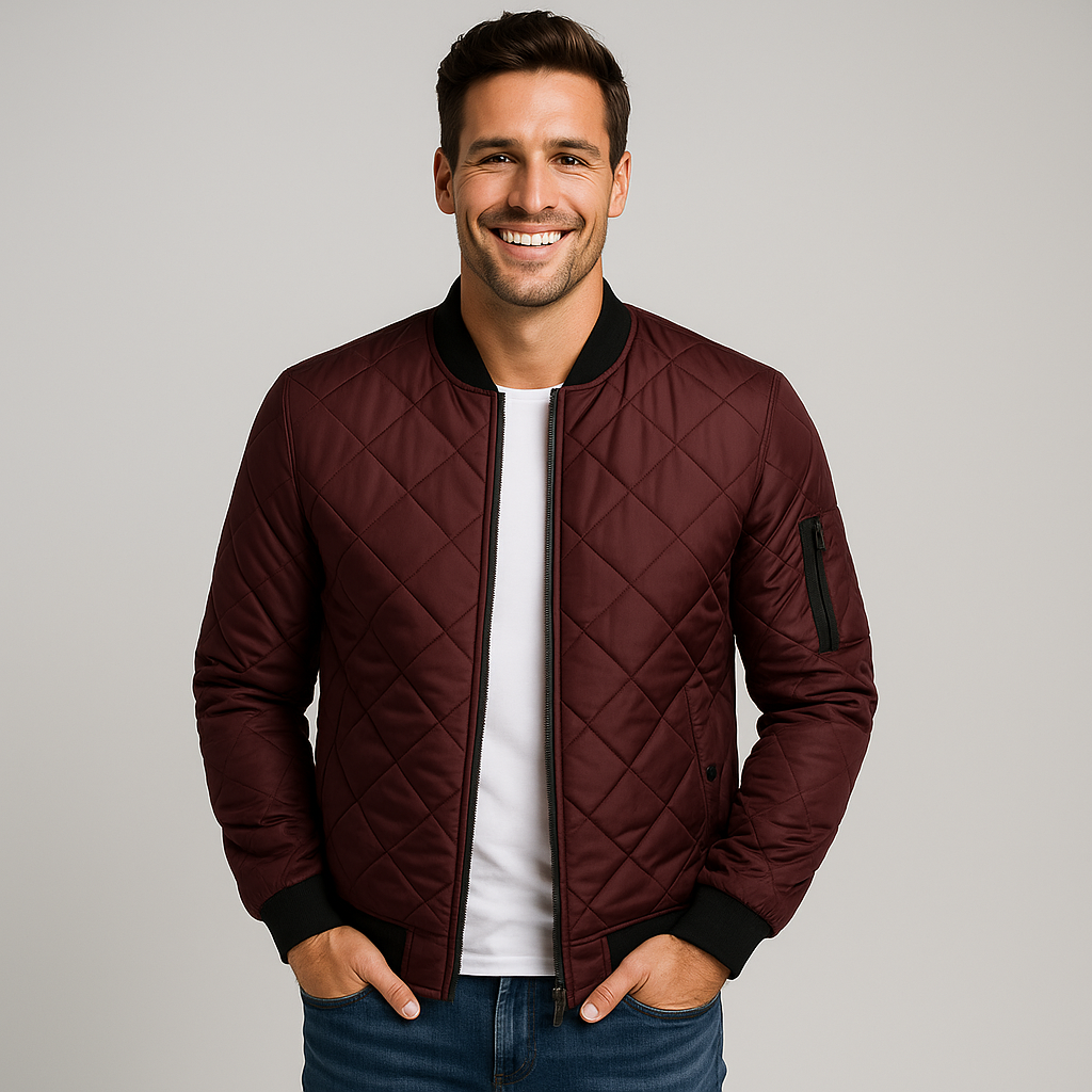 Men's Winter Jacket - Stylish Quilted Bomber Coat with Thick Collar