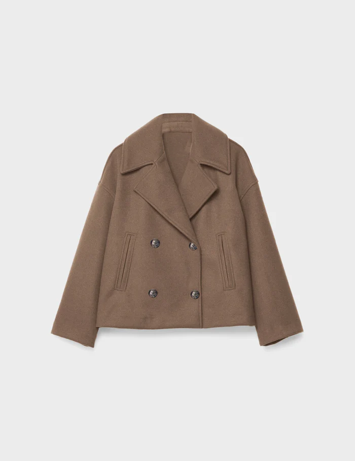 Double-Breasted Wool Coat for Women with Wide Lapels and Cropped Fit – Soft Wool Blend Outerwear 1