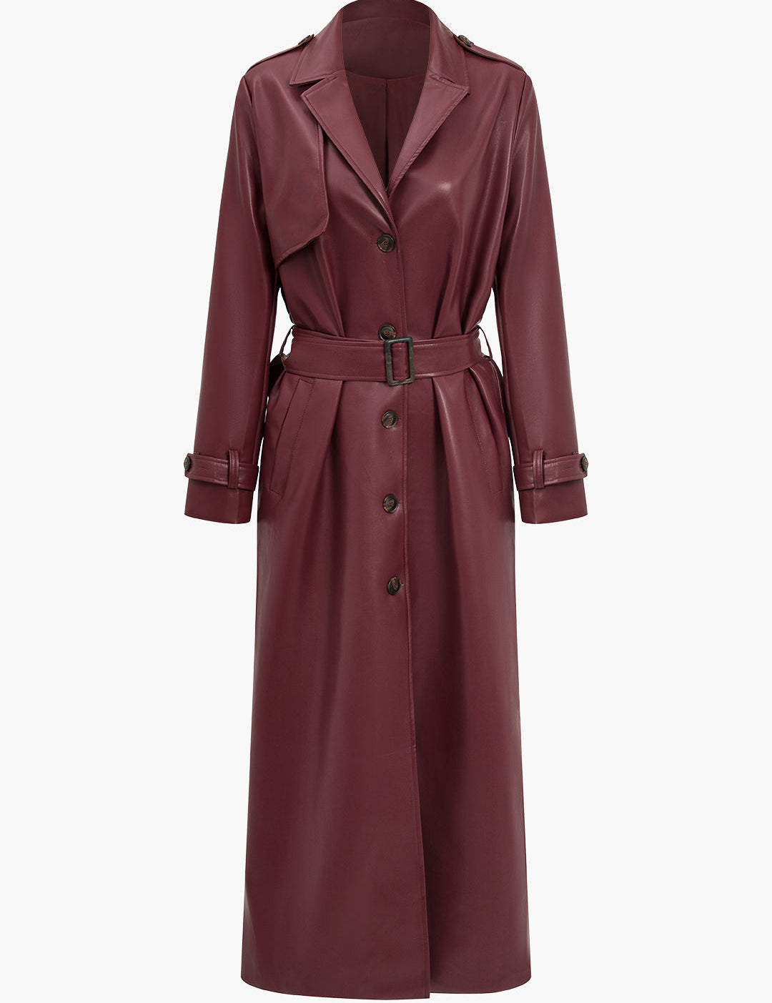 Elegant Bordeaux Faux Leather Trench Coat with Belt and Pockets for Women 0