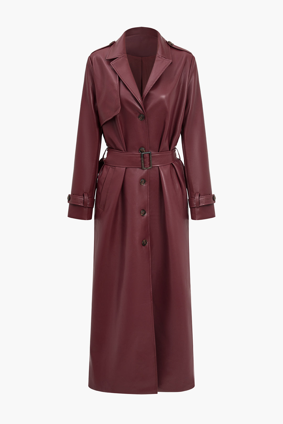 Elegant Bordeaux Faux Leather Trench Coat with Belt and Pockets for Women 0