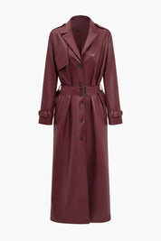 Elegant Bordeaux Faux Leather Trench Coat with Belt and Pockets for Women 0