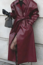 Elegant Bordeaux Faux Leather Trench Coat with Belt and Pockets for Women 1
